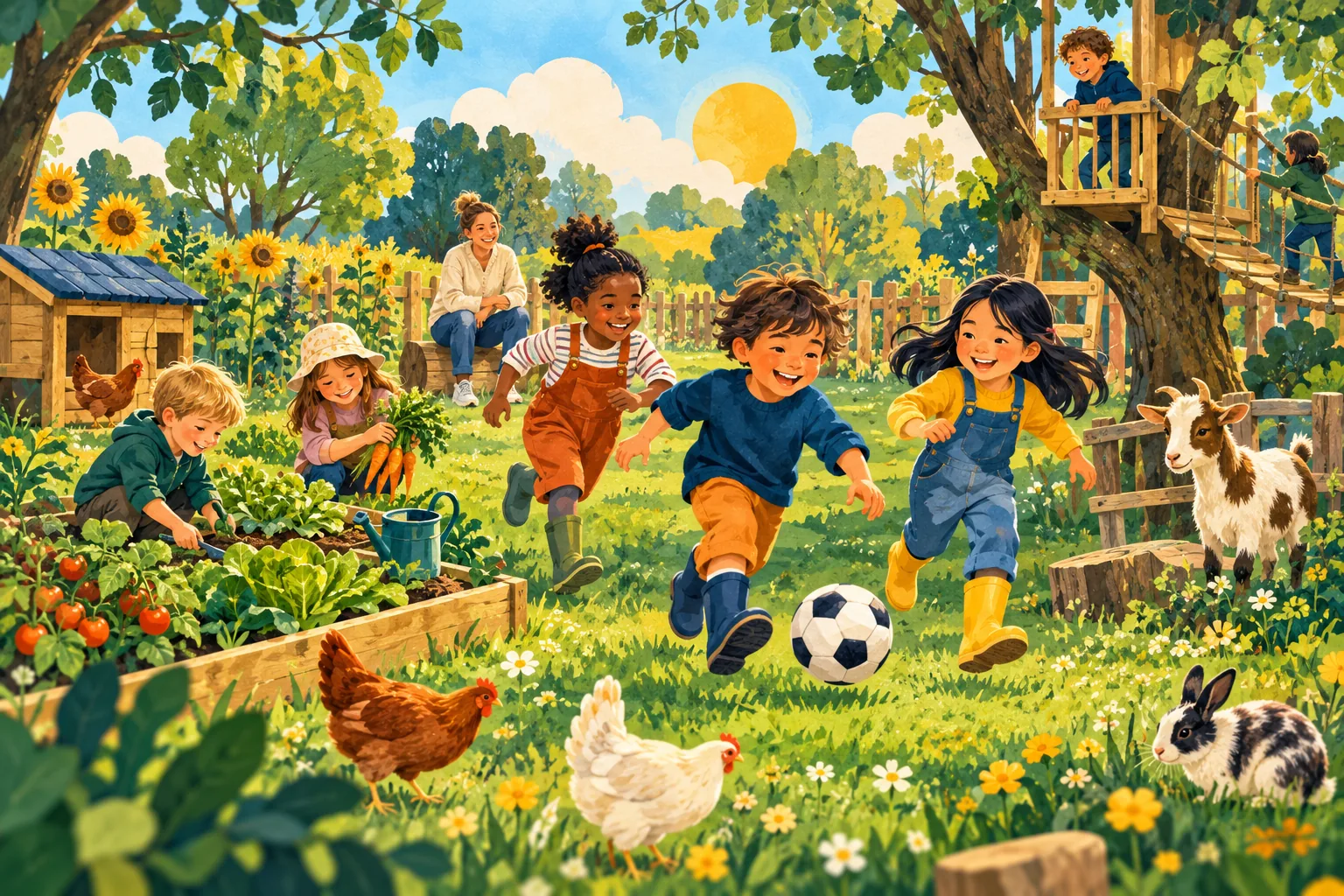Illustratie van kinderen die buiten spelen bij de moestuin en dieren